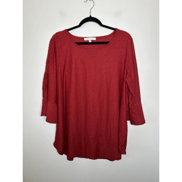 Rose + Olive Women’s Top Plus Red 3/4 Ruffle Sleeve Dots Relaxed Size 1X - Picture 3 of 12